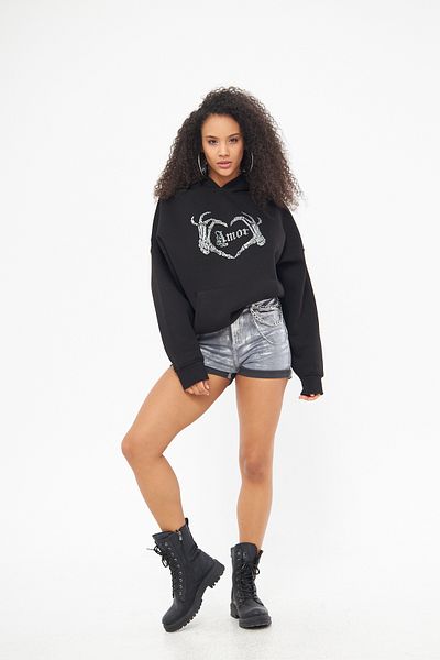 The Champ Clothing Черен суитшърт с качулка и полар отвътре, голям размер и принт Amor Written Stone