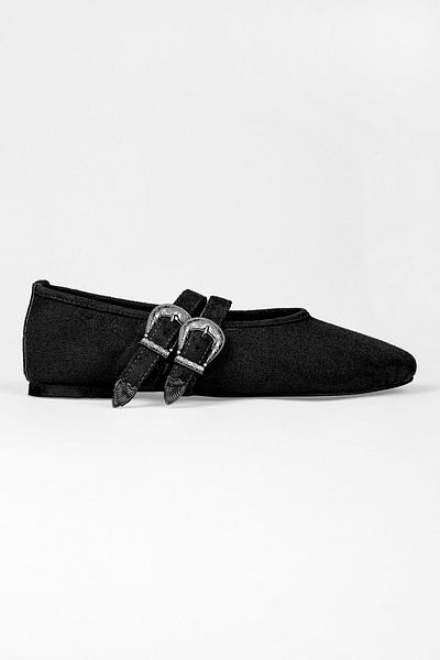 Shoeberry Women's Rodeo Black Suede Ballerinas with Buckle Detail