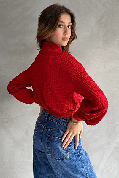 Fav Style Kadın Dik Yaka Yarasa Kol Dokulu Crop Bluz Kırmızı