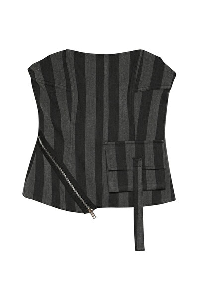 Quzu Gray Striped Strapless Blouse - Pocket Accessory