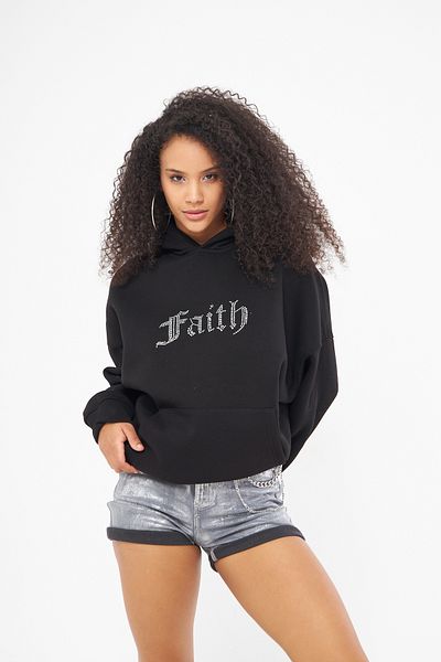 The Champ Clothing Черен суитшърт с качулка и полар отвътре, голям размер и принт Faith Written Stone