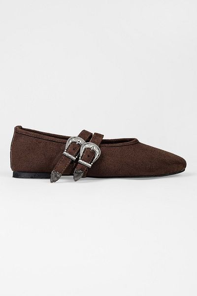 Shoeberry Women's Rodeo Brown Suede Buckle Detailed Ballerinas
