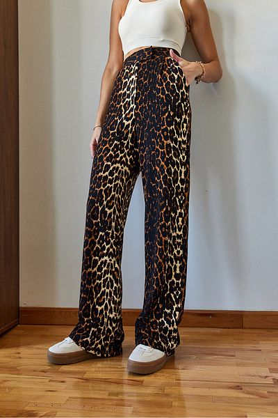 Bianco Lucci Women's Leopard Print Pocket Detailed Velcro Palazzo Trousers 3826 60361007