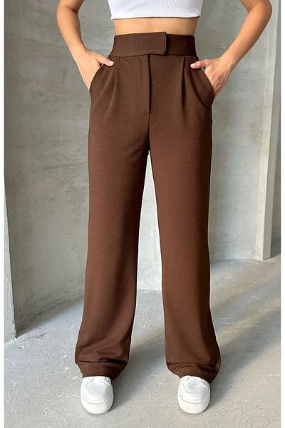 MODAF Pantaloni Palazzo confortabili, maro, cu închidere cu velcro, talie înaltă