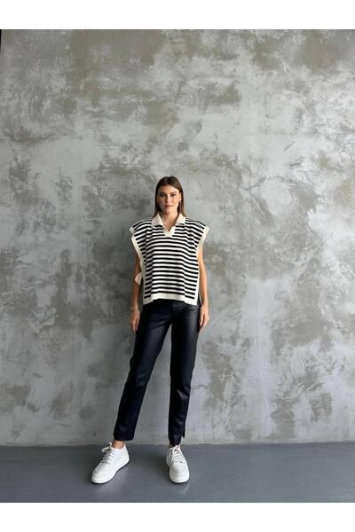 Chiklet Kadın Çizgili Yakalı Süveter