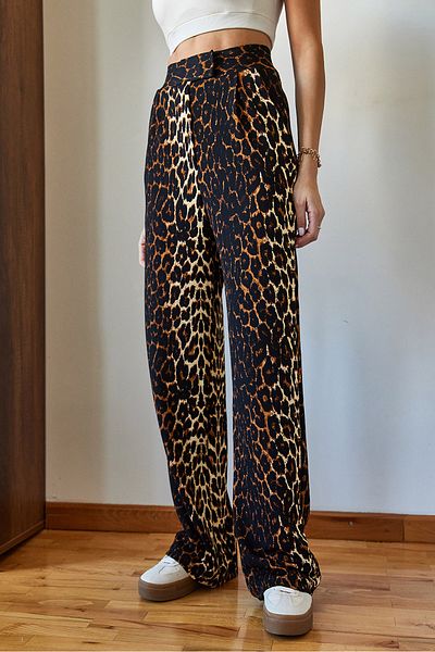 Bianco Lucci Women's Leopard Print Pocket Detailed Velcro Palazzo Trousers 3826 60361007