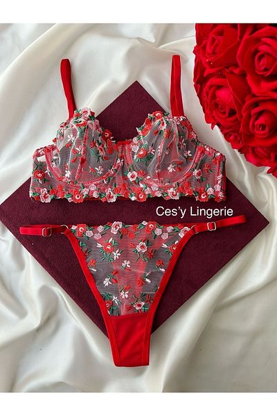 CES'Y LİNGERİE Red Flower Patterned Underwire Sexüü - Brode Lace Bra Set