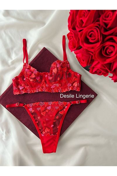 CES'Y LİNGERİE Red Lace Bra and Underwire Sexy Patterned Set