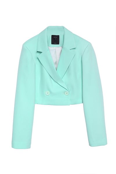 Quzu Mint Double Breasted Crop Blazer Jacket