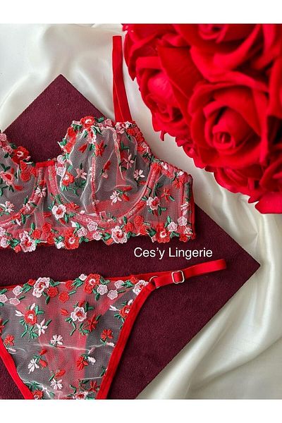 CES'Y LİNGERİE Red Flower Patterned Underwire Sexüü - Brode Lace Bra Set