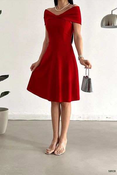 Planet Prestige Red Madonna Collar Knee Length Dress
