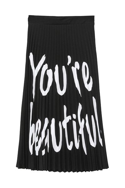 Quzu Black Midi Pleated Skirt - Text Printed