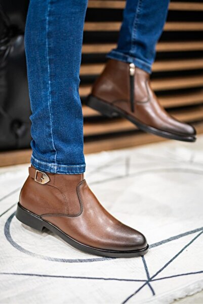 BİKAJOO Erkek Kahve Toka Detaylı Deri Ortopedik Günlük Şık Rahat Bot BKJ1042