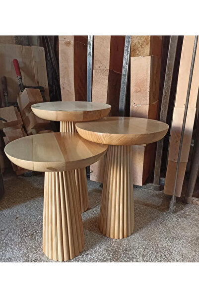 Simillo Home&Living Wooden Ahşap 3’lü Set Fitilli Mantar Yan Sehpa Fiskos / Ç...