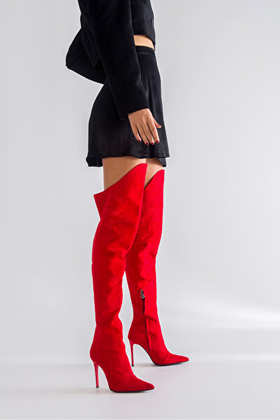 AYAKKABI PRENSİ Cizme de damă Rojo peste genunchi din piele intoarsa rosie 10 cm, cizme cu toc