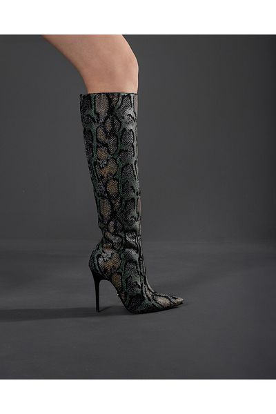 AYAKKABI PRENSİ Rudy Green Yilan Patterned 10 cm Women's Boots, Heeled Boots
