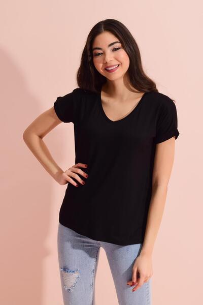 TENA Women's Black V-Neck Wide Casual T-Shirt