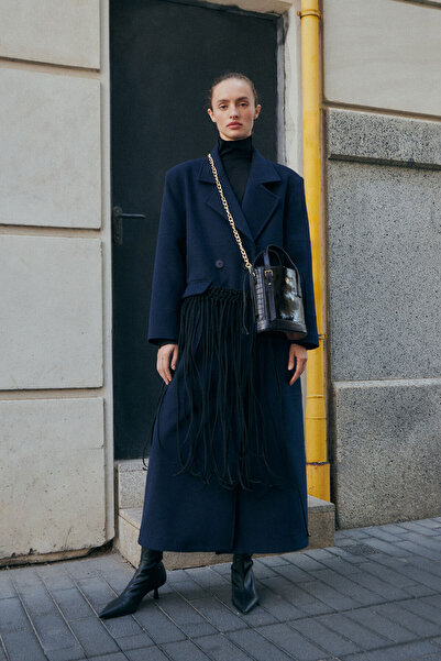 Pilea Lacivert Klapa Yakalı Maksi Boy Düz Kesim Kaşe Kaban