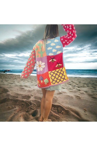 Flux Design Factory El Örgüsü Kadife Patcwork Hırka