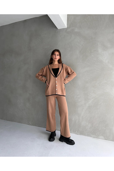 Fav Style Set de tricotaje pentru femei Camel Color - Cardigan cu guler șal ș...