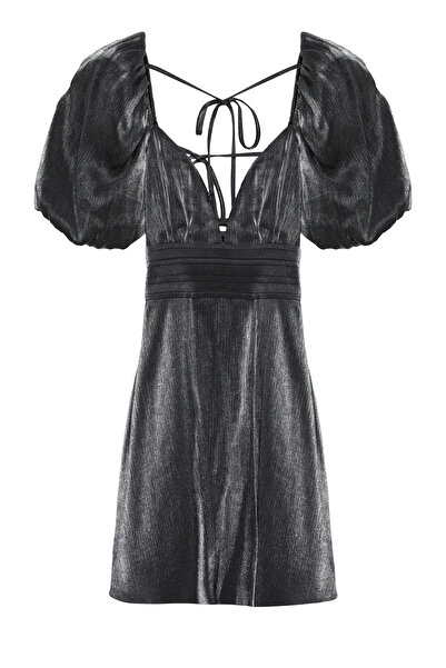 Quzu Sırtı Bağlamalı Balon Kol Elbise Siyah