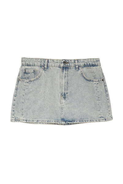 Quzu Yüksek Bel Denim Mini Etek Mavi