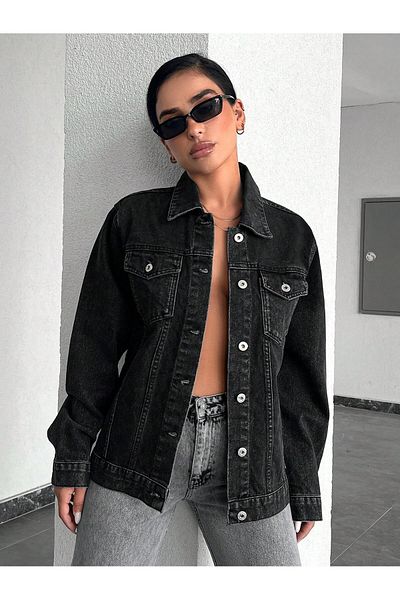 Swet Shop Jeans Women's Oversize Black Snow Wash Pocket Denim Jacket