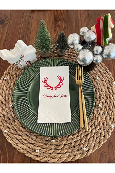 kidspartim منديل قرن غزال أبيض مذهّب باللون الأحمر Happy New Year 16 قطعة