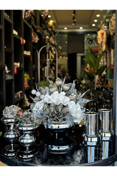 TASARIMHMODA Yapay Çiçekli Gümüş Yassı Vazo 5 Parça Set No:1