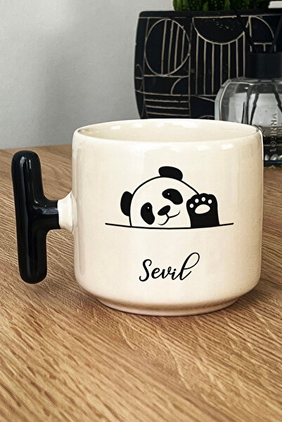 Hedizu Kişiye Özel Sevimli Panda Kupa Bardak T Kulplu Siyah Pandalı Hediye