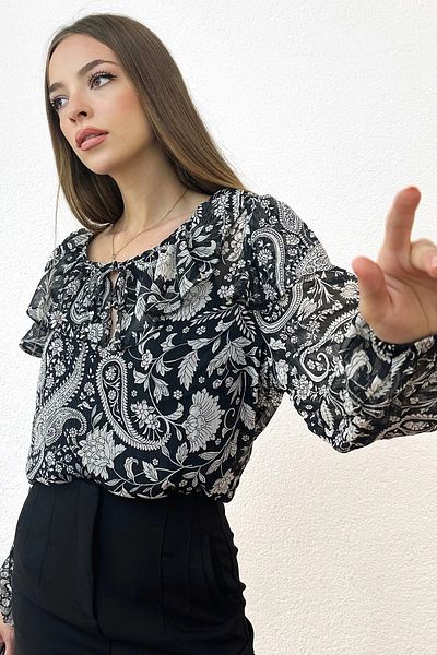 PROTO SUIT Bluză neagră căptușită cu mâneci balon cu model floral