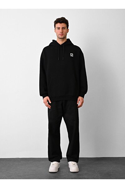 Dembu Vav Tasarım Kapüşonlu Siyah 3 İplik Şardonlu Sweat 24'