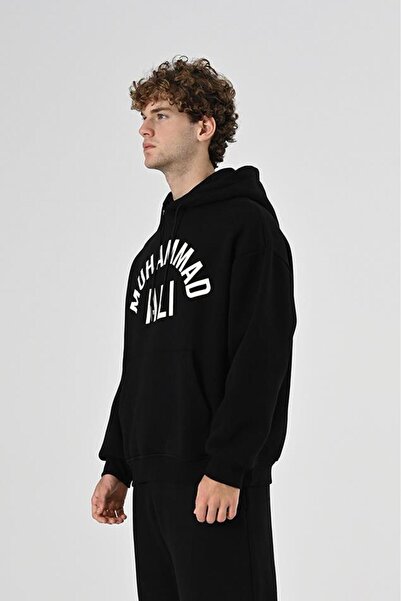 Dembu Muhammed Ali Tasarım Kapüşonlu Siyah 3 İplik Şardonlu Sweat 24'