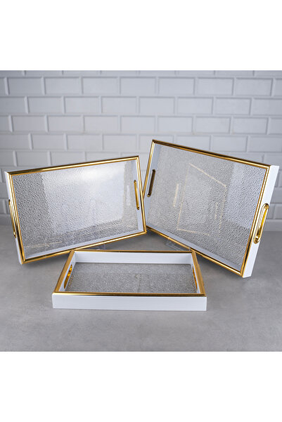 Hinora Akrilik Buzlu Model 3 Lü Tepsi Seti Beyaz Gold Detay 41x28-36x24-33x20cm