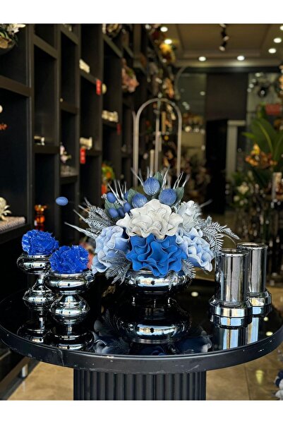 TASARIMHMODA Yapay Çiçekli Gümüş Yassı Vazo 5 Parça Set No:3