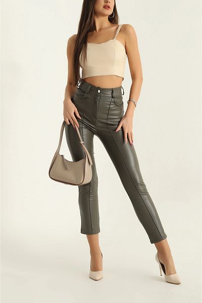 Winmoda34 Women's Fleece Skinny Leg Front Stitched Full Stretchy High Waist Zippered Buttoned Leather Pants