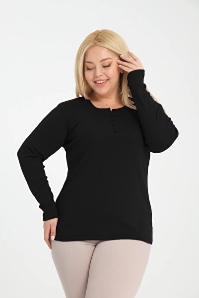 BANEGA Curve Plus Size Βαμβακερή Lycra με λαιμόκοψη με λεπτομέρεια Basic μασίφ μαύρη μπλούζα