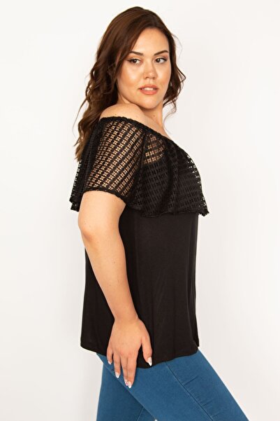 Şans Women's Large Size Black Elastic Collar Lace Flounce Blouse 65n33880