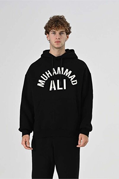 Dembu Muhammed Ali Tasarım Kapüşonlu Siyah 3 İplik Şardonlu Sweat 24'
