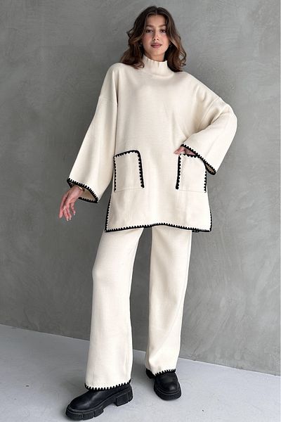 Fav Style Ecru Color Women's Knitwear Sweater and Trousers Set - Stand Collar, Pocket and Ribbed Detail
