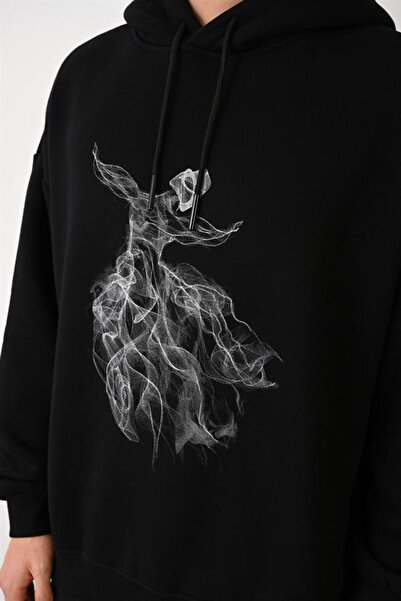 Dembu Semazen Tasarım Kapüşonlu Siyah 3 İplik Şardonlu Sweat 24'