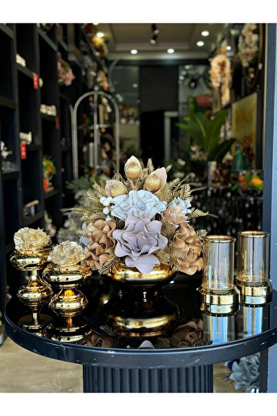 TASARIMHMODA Yapay Çiçekli Gold Yassı Vazo 5 Parça Set No:2