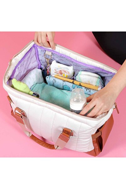 Milk & Moo حقيبة حمل حفاضات مبطنة باللونين البني والبيج، مقاومة للماء، مزودة ...