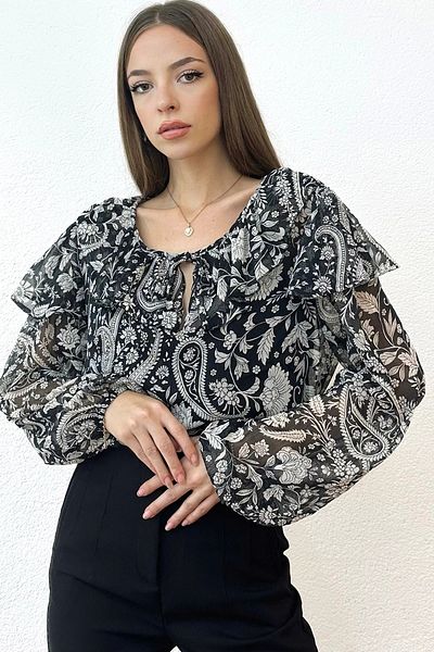 PROTO SUIT Bluză neagră căptușită cu mâneci balon cu model floral