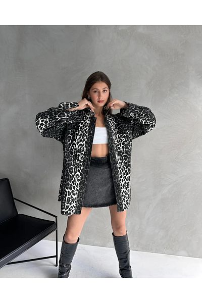 Fav Style Cămașă oversize din denim cu model leopard negru - Jachetă pentru femei cu buzunar dublu