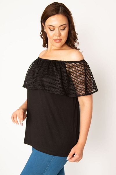 Şans Women's Large Size Black Elastic Collar Lace Flounce Blouse 65n33880