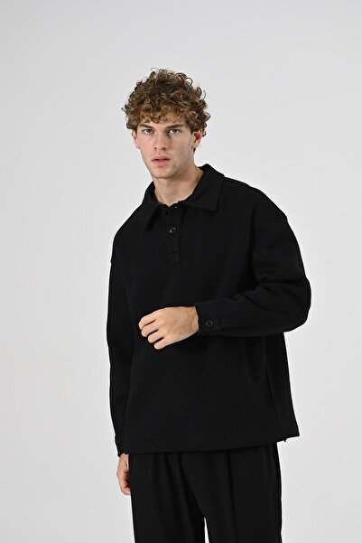 Dembu 2 İplik Polo Yaka Sweatshirt Siyah