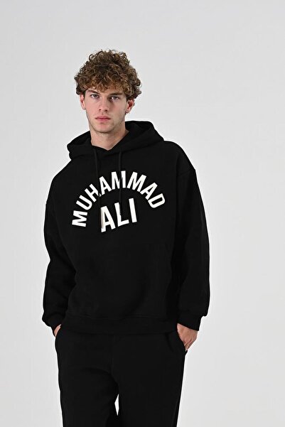 Dembu Muhammed Ali Tasarım Kapüşonlu Siyah 3 İplik Şardonlu Sweat 24'