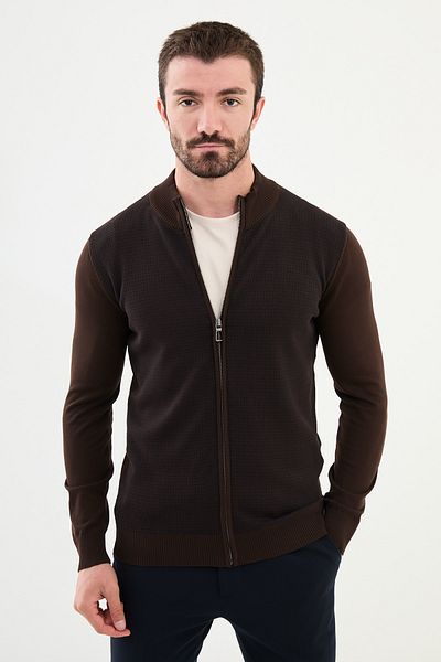 Mcr Patterned Slim Fit Judge Collar Wool Men's Cardigan Brown - 11239.24K