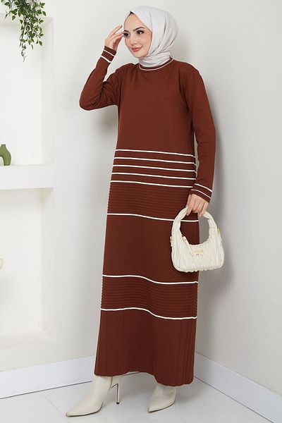 hafsamina Brown Knitwear Dress - Garnished Mercerized Hm2602